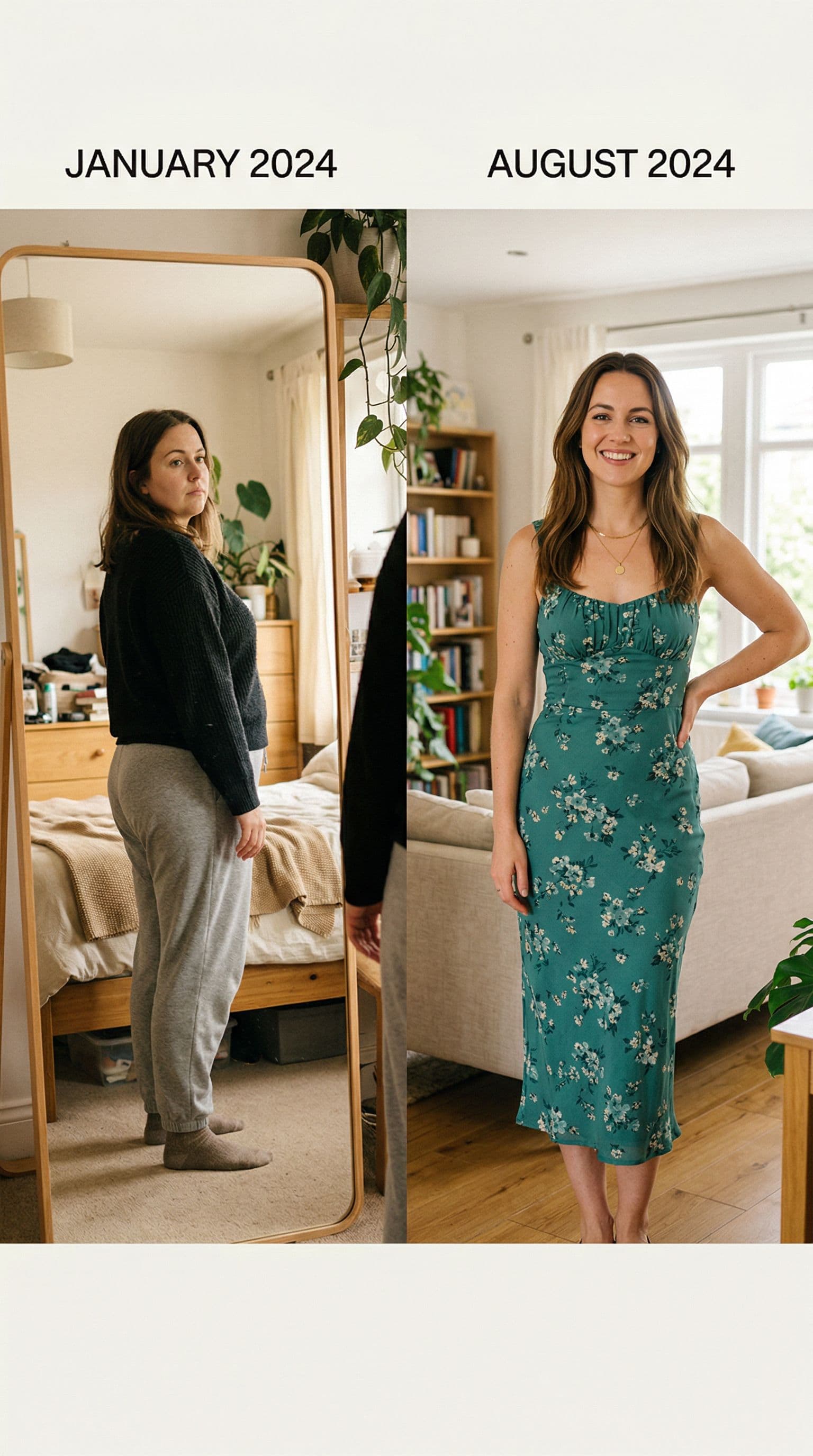 Woman showing her before and after weight loss transformation on GLP-1 medication